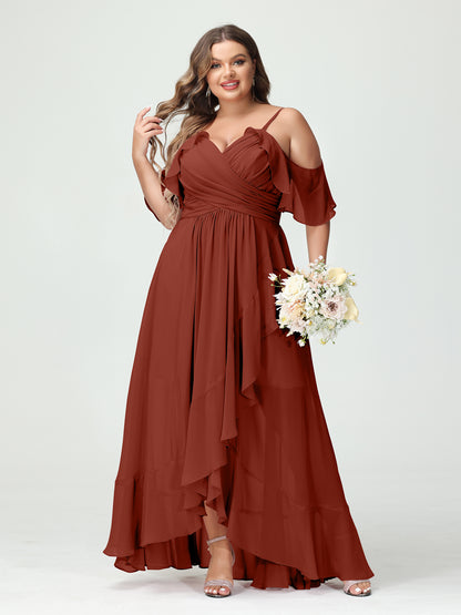 Forme Princesse Bretelles spaghetti Col en V Manches courtes Mousseline de soie Volants Asymétrique Grande taille Robes de demoiselle d'honneur