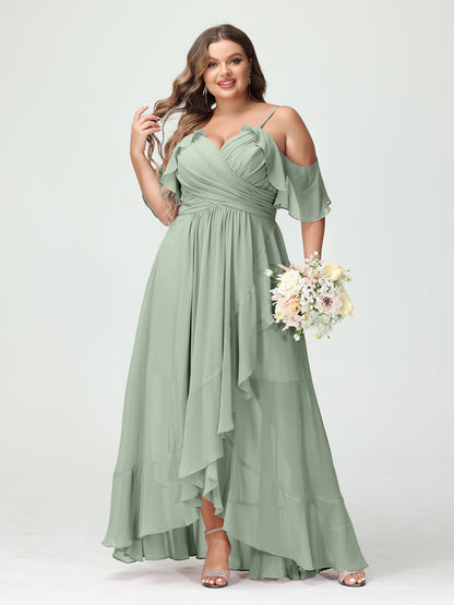 Forme Princesse Bretelles spaghetti Col en V Manches courtes Mousseline de soie Volants Asymétrique Grande taille Robes de demoiselle d'honneur