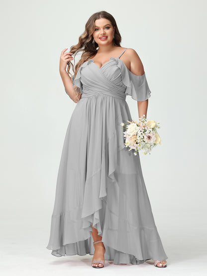 Forme Princesse Bretelles spaghetti Col en V Manches courtes Mousseline de soie Volants Asymétrique Grande taille Robes de demoiselle d'honneur