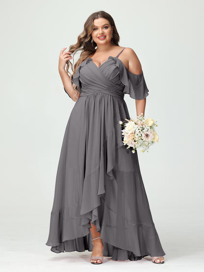 Forme Princesse Bretelles spaghetti Col en V Manches courtes Mousseline de soie Volants Asymétrique Grande taille Robes de demoiselle d'honneur