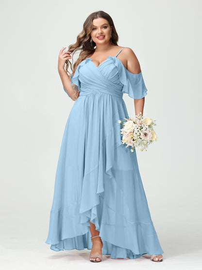 Forme Princesse Bretelles spaghetti Col en V Manches courtes Mousseline de soie Volants Asymétrique Grande taille Robes de demoiselle d'honneur