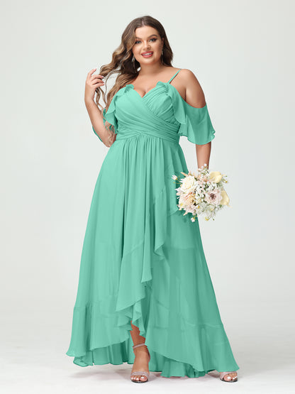 Forme Princesse Bretelles spaghetti Col en V Manches courtes Mousseline de soie Volants Asymétrique Grande taille Robes de demoiselle d'honneur