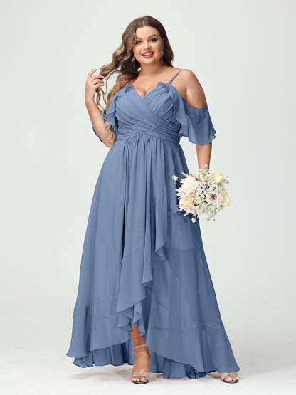 Forme Princesse Bretelles spaghetti Col en V Manches courtes Mousseline de soie Volants Asymétrique Grande taille Robes de demoiselle d'honneur