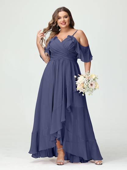 Forme Princesse Bretelles spaghetti Col en V Manches courtes Mousseline de soie Volants Asymétrique Grande taille Robes de demoiselle d'honneur
