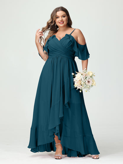Forme Princesse Bretelles spaghetti Col en V Manches courtes Mousseline de soie Volants Asymétrique Grande taille Robes de demoiselle d'honneur