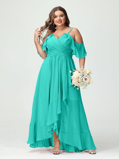 Forme Princesse Bretelles spaghetti Col en V Manches courtes Mousseline de soie Volants Asymétrique Grande taille Robes de demoiselle d'honneur