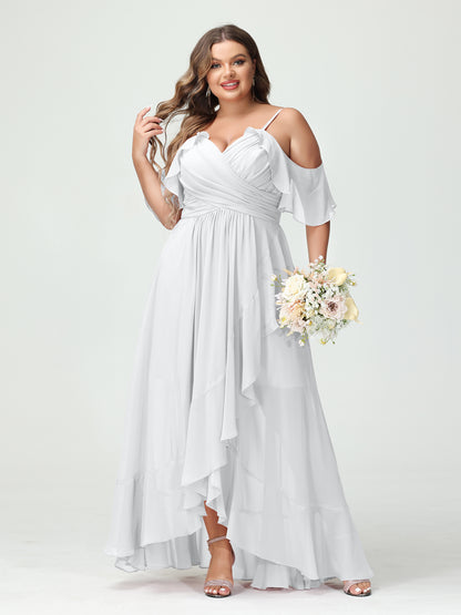 Forme Princesse Bretelles spaghetti Col en V Manches courtes Mousseline de soie Volants Asymétrique Grande taille Robes de demoiselle d'honneur