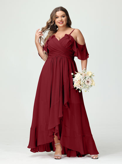 Forme Princesse Bretelles spaghetti Col en V Manches courtes Mousseline de soie Volants Asymétrique Grande taille Robes de demoiselle d'honneur