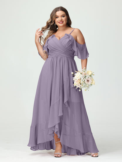 Forme Princesse Bretelles spaghetti Col en V Manches courtes Mousseline de soie Volants Asymétrique Grande taille Robes de demoiselle d'honneur
