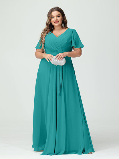 Forme Princesse Col en V Manches courtes Mousseline de soie Fendue sur le côté Grande taille Robes de demoiselle d'honneur avec poches Ceinture