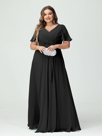 Forme Princesse Col en V Manches courtes Mousseline de soie Fendue sur le côté Grande taille Robes de demoiselle d'honneur avec poches Ceinture