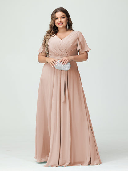 Forme Princesse Col en V Manches courtes Mousseline de soie Fendue sur le côté Grande taille Robes de demoiselle d'honneur avec poches Ceinture