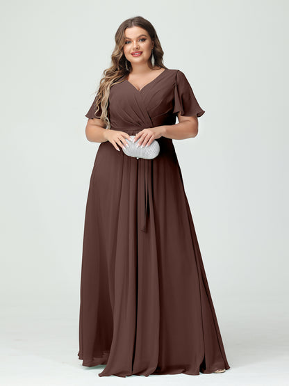 Forme Princesse Col en V Manches courtes Mousseline de soie Fendue sur le côté Grande taille Robes de demoiselle d'honneur avec poches Ceinture