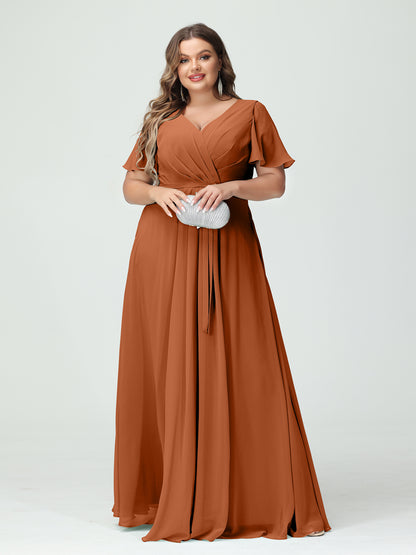 Forme Princesse Col en V Manches courtes Mousseline de soie Fendue sur le côté Grande taille Robes de demoiselle d'honneur avec poches Ceinture