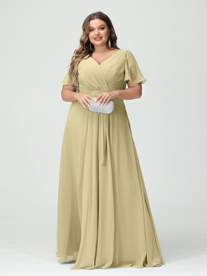 Forme Princesse Col en V Manches courtes Mousseline de soie Fendue sur le côté Grande taille Robes de demoiselle d'honneur avec poches Ceinture