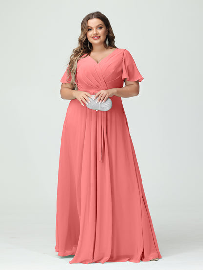 Forme Princesse Col en V Manches courtes Mousseline de soie Fendue sur le côté Grande taille Robes de demoiselle d'honneur avec poches Ceinture