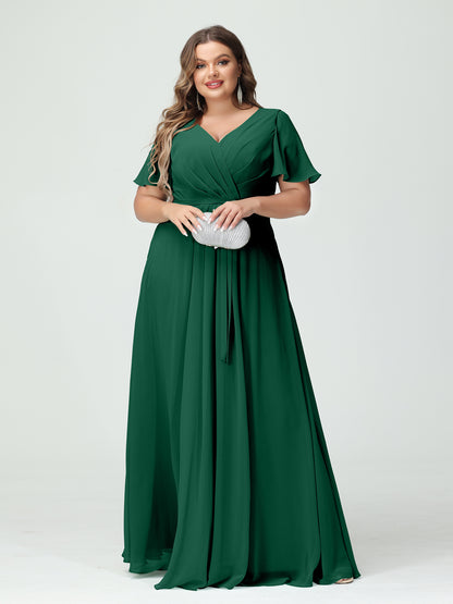 Forme Princesse Col en V Manches courtes Mousseline de soie Fendue sur le côté Grande taille Robes de demoiselle d'honneur avec poches Ceinture
