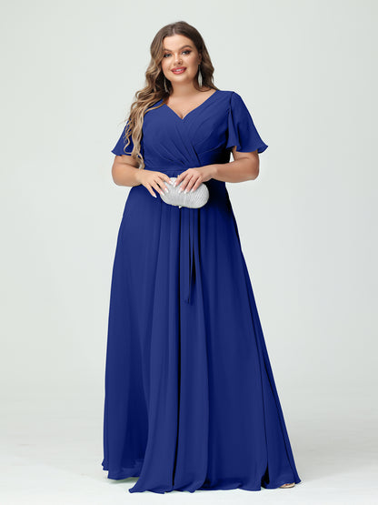 Forme Princesse Col en V Manches courtes Mousseline de soie Fendue sur le côté Grande taille Robes de demoiselle d'honneur avec poches Ceinture