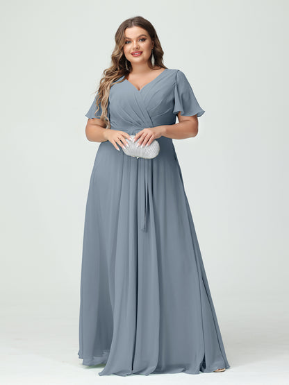 Forme Princesse Col en V Manches courtes Mousseline de soie Fendue sur le côté Grande taille Robes de demoiselle d'honneur avec poches Ceinture