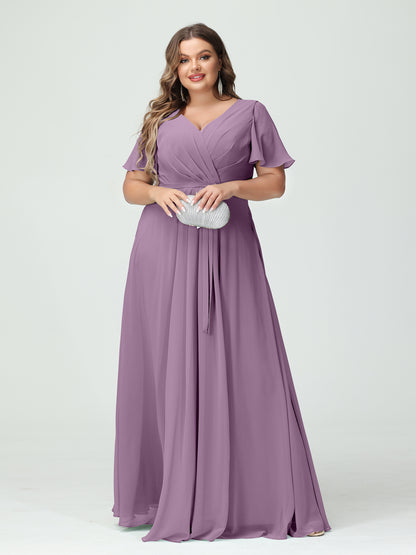 Forme Princesse Col en V Manches courtes Mousseline de soie Fendue sur le côté Grande taille Robes de demoiselle d'honneur avec poches Ceinture