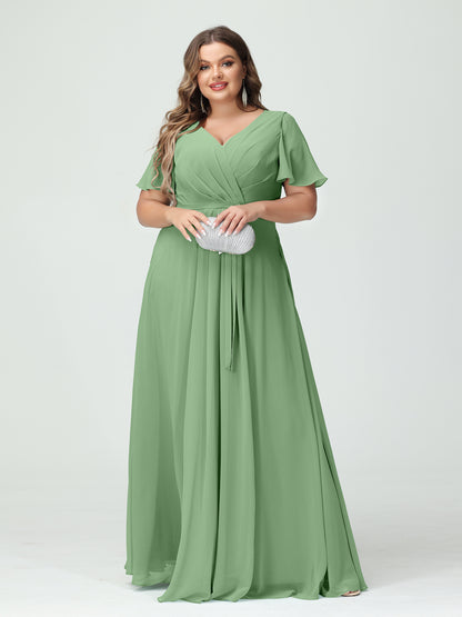 Forme Princesse Col en V Manches courtes Mousseline de soie Fendue sur le côté Grande taille Robes de demoiselle d'honneur avec poches Ceinture