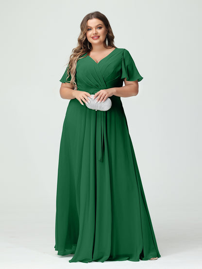Forme Princesse Col en V Manches courtes Mousseline de soie Fendue sur le côté Grande taille Robes de demoiselle d'honneur avec poches Ceinture