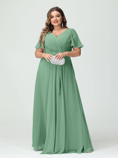 Forme Princesse Col en V Manches courtes Mousseline de soie Fendue sur le côté Grande taille Robes de demoiselle d'honneur avec poches Ceinture
