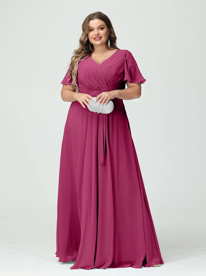 Forme Princesse Col en V Manches courtes Mousseline de soie Fendue sur le côté Grande taille Robes de demoiselle d'honneur avec poches Ceinture