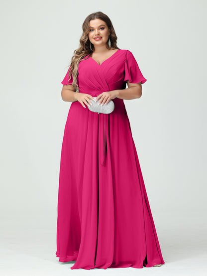 Forme Princesse Col en V Manches courtes Mousseline de soie Fendue sur le côté Grande taille Robes de demoiselle d'honneur avec poches Ceinture
