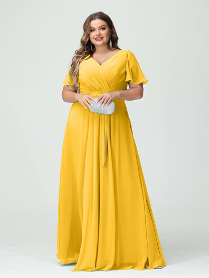 Forme Princesse Col en V Manches courtes Mousseline de soie Fendue sur le côté Grande taille Robes de demoiselle d'honneur avec poches Ceinture