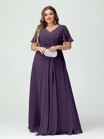 Forme Princesse Col en V Manches courtes Mousseline de soie Fendue sur le côté Grande taille Robes de demoiselle d'honneur avec poches Ceinture
