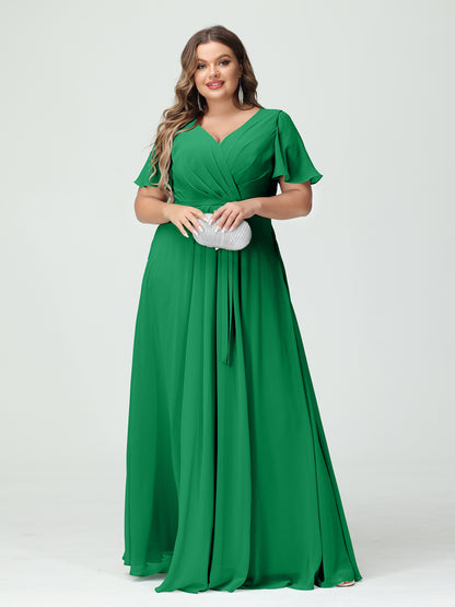 Forme Princesse Col en V Manches courtes Mousseline de soie Fendue sur le côté Grande taille Robes de demoiselle d'honneur avec poches Ceinture