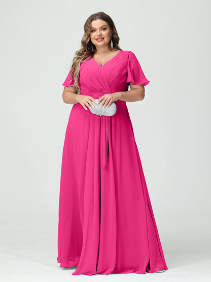 Forme Princesse Col en V Manches courtes Mousseline de soie Fendue sur le côté Grande taille Robes de demoiselle d'honneur avec poches Ceinture
