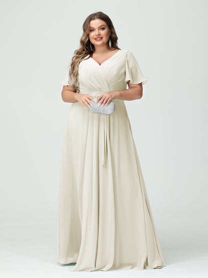 Forme Princesse Col en V Manches courtes Mousseline de soie Fendue sur le côté Grande taille Robes de demoiselle d'honneur avec poches Ceinture