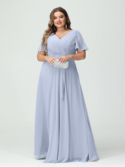 Forme Princesse Col en V Manches courtes Mousseline de soie Fendue sur le côté Grande taille Robes de demoiselle d'honneur avec poches Ceinture