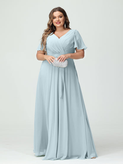 Forme Princesse Col en V Manches courtes Mousseline de soie Fendue sur le côté Grande taille Robes de demoiselle d'honneur avec poches Ceinture