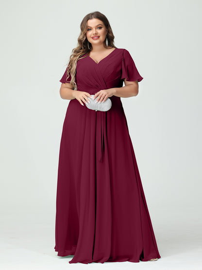 Forme Princesse Col en V Manches courtes Mousseline de soie Fendue sur le côté Grande taille Robes de demoiselle d'honneur avec poches Ceinture