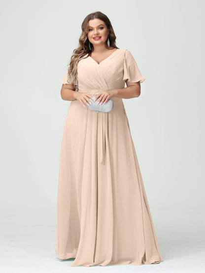 Forme Princesse Col en V Manches courtes Mousseline de soie Fendue sur le côté Grande taille Robes de demoiselle d'honneur avec poches Ceinture