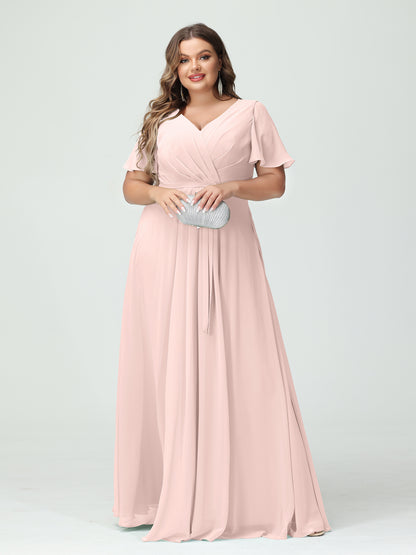 Forme Princesse Col en V Manches courtes Mousseline de soie Fendue sur le côté Grande taille Robes de demoiselle d'honneur avec poches Ceinture