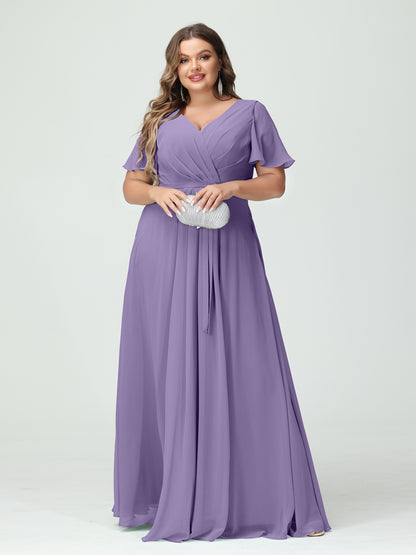 Forme Princesse Col en V Manches courtes Mousseline de soie Fendue sur le côté Grande taille Robes de demoiselle d'honneur avec poches Ceinture