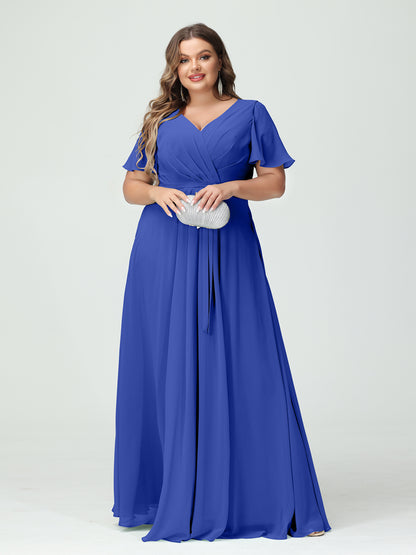 Forme Princesse Col en V Manches courtes Mousseline de soie Fendue sur le côté Grande taille Robes de demoiselle d'honneur avec poches Ceinture