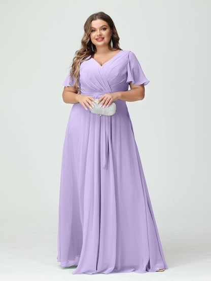 Forme Princesse Col en V Manches courtes Mousseline de soie Fendue sur le côté Grande taille Robes de demoiselle d'honneur avec poches Ceinture