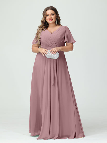 Forme Princesse Col en V Manches courtes Mousseline de soie Fendue sur le côté Grande taille Robes de demoiselle d'honneur avec poches Ceinture