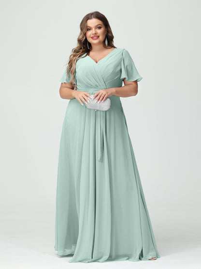 Forme Princesse Col en V Manches courtes Mousseline de soie Fendue sur le côté Grande taille Robes de demoiselle d'honneur avec poches Ceinture