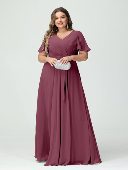 Forme Princesse Col en V Manches courtes Mousseline de soie Fendue sur le côté Grande taille Robes de demoiselle d'honneur avec poches Ceinture