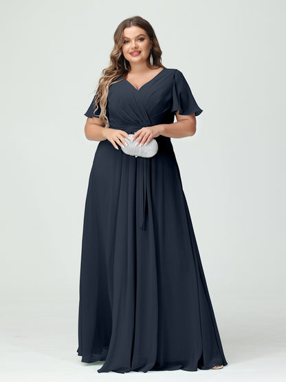 Forme Princesse Col en V Manches courtes Mousseline de soie Fendue sur le côté Grande taille Robes de demoiselle d'honneur avec poches Ceinture