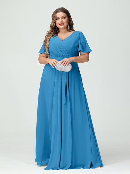 Forme Princesse Col en V Manches courtes Mousseline de soie Fendue sur le côté Grande taille Robes de demoiselle d'honneur avec poches Ceinture