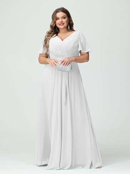 Forme Princesse Col en V Manches courtes Mousseline de soie Fendue sur le côté Grande taille Robes de demoiselle d'honneur avec poches Ceinture