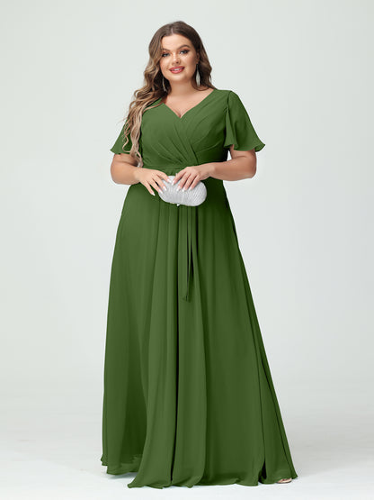 Forme Princesse Col en V Manches courtes Mousseline de soie Fendue sur le côté Grande taille Robes de demoiselle d'honneur avec poches Ceinture