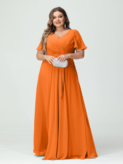 Forme Princesse Col en V Manches courtes Mousseline de soie Fendue sur le côté Grande taille Robes de demoiselle d'honneur avec poches Ceinture